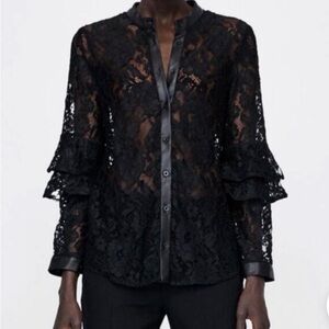 ZARA Black Vegan Leather Trim Lace Button Down Blouse Top. Size M